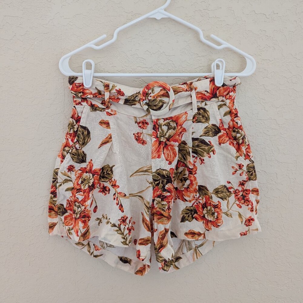 Joie 100% Linen Soft Belted Shorts with Pockets Size 4 Orange Floral